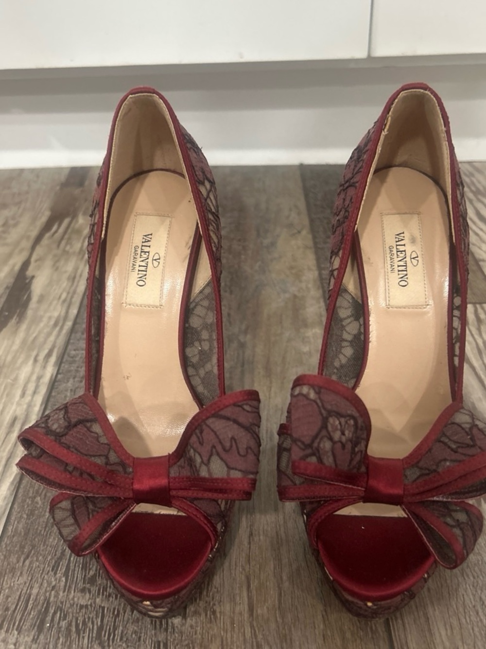 Valentino Red Lace Peep-Toe Heels with Bow Accent